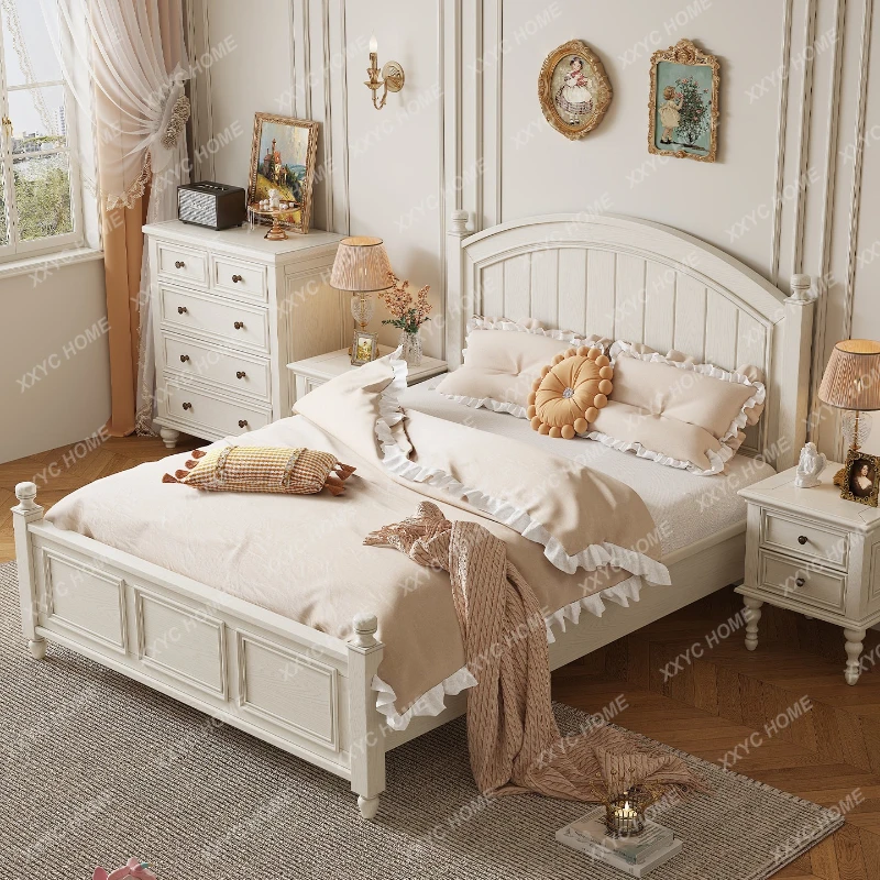 ML  cream wind full solid wood bed household  white children's bed bedroom simple ash wood double bed