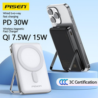 PISEN 10000mAh Magnetic Wireless Power Bank with Stand | 15W MagSafe Compatible & 30W USB-C Fast Charging | for iPhone 15/14/13,