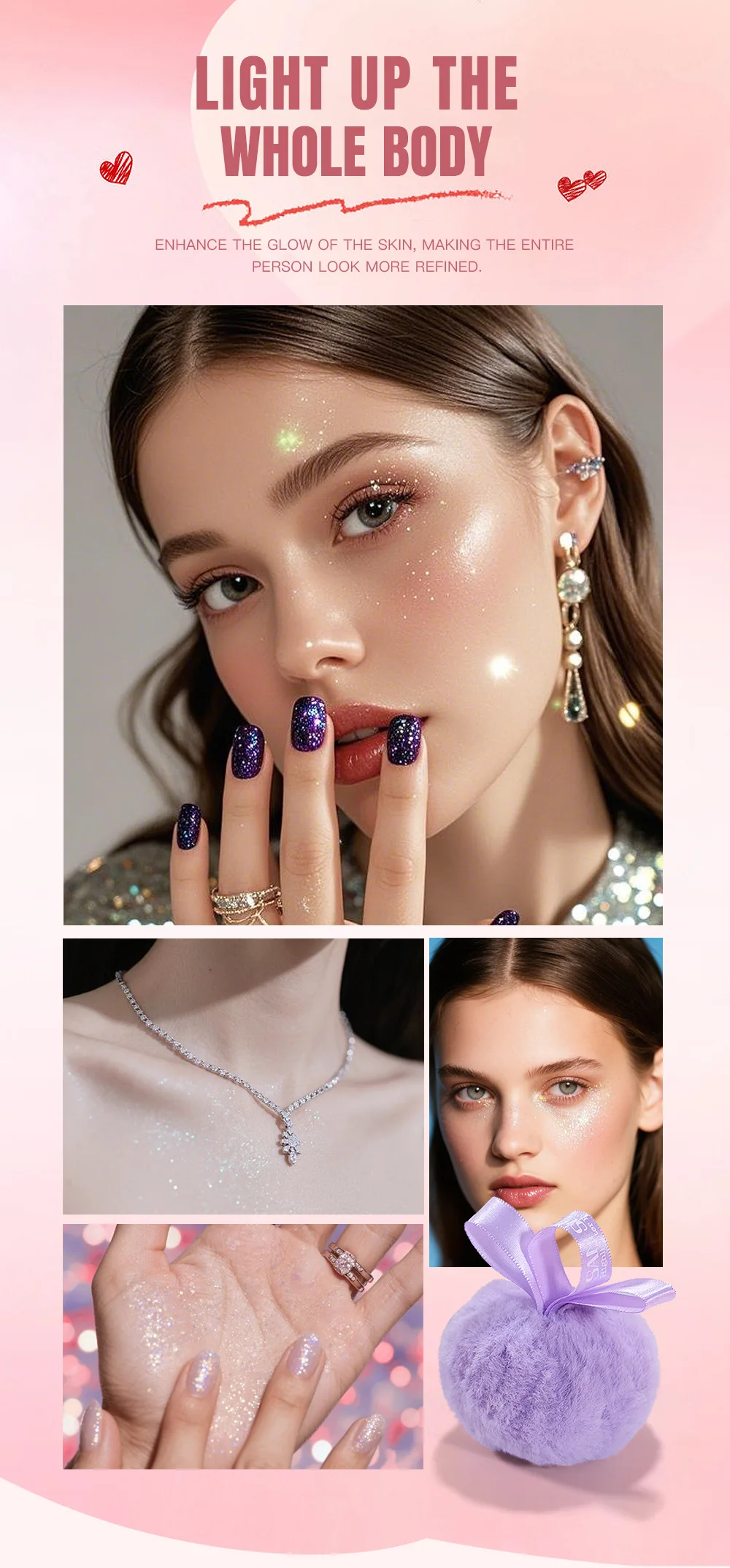 Pink Peach Shining Powder High Glitter Makeup For Face Body Collarbone Highlighting With Soft Puff Multi Use Cosmetic