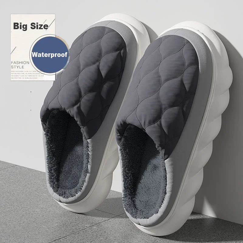 

Winter Casual Men's Slippers Indoor Waterproof Home Shoes Fur Flat Warm Fashion Couples Bedroom Houseshoes Large size 48/49