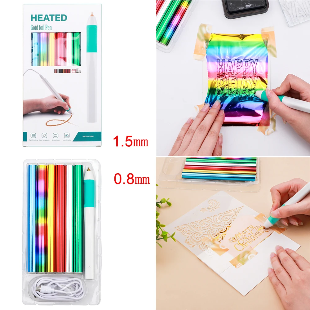 0.8mm 1.5mm USB Hot Foil Pen 6 Heat-Activated Foil Roll Set For Paper Leather Heat Active Gold Foil Pen DIY Scrapbook Craft Tool