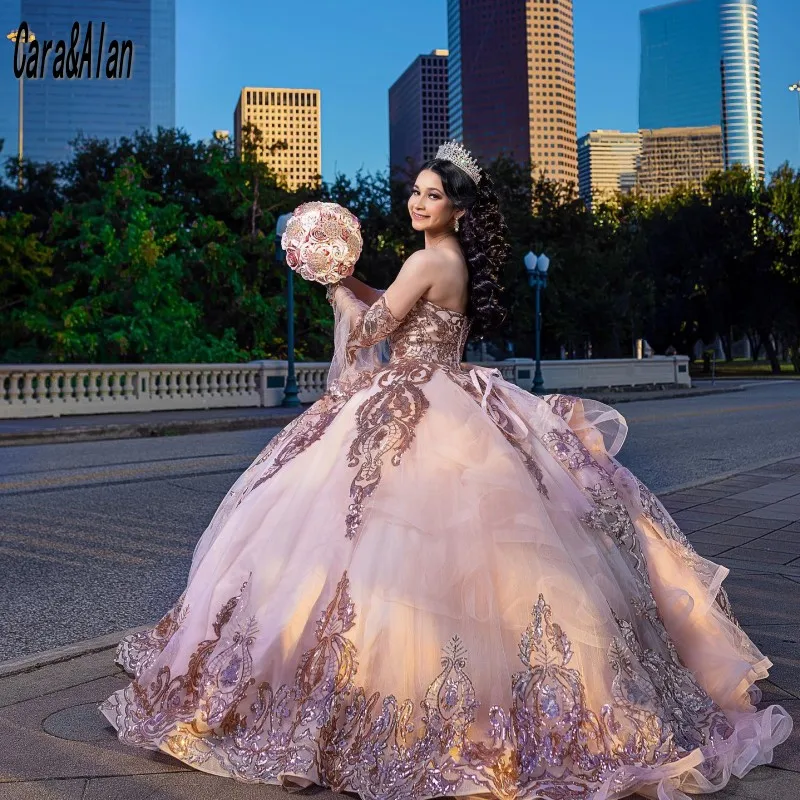 فساتين كارا وآلان الأنيقة من Quinceanera بأكمام قابلة للانفصال مزينة بالترتر Vestido adeltante 15 Anos على شكل قلب للفتيات فساتين الحفلات