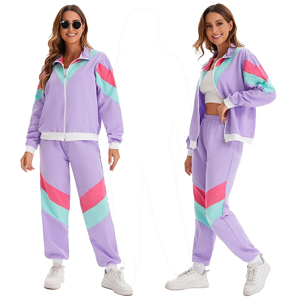 Groothandel Jaren 70 80 Feest Hippie Cosplay Rollenspel Paarse Sportkleding Retro Disco Kostuum Volwassen Vrouwen Fantasie Feestkleding