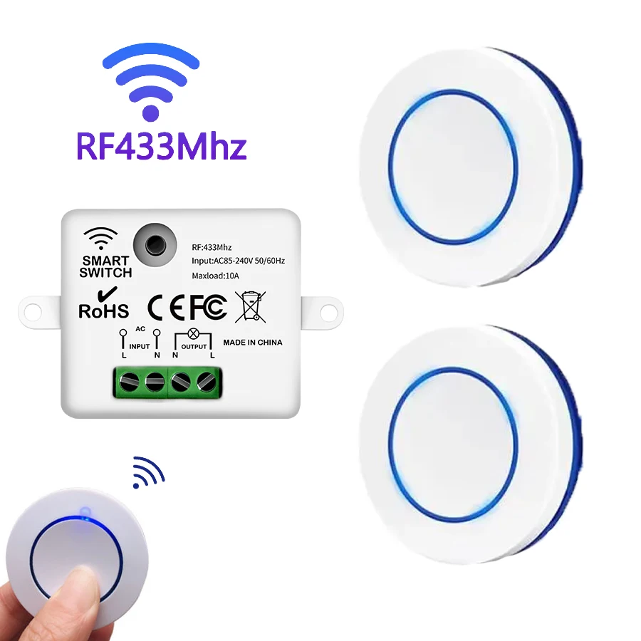 RF 433MHz Wireless Remote Control Light Switch 220V 110V 10A Relay Receiver Mini Round Button Wall Panel Switch For LED Lamp
