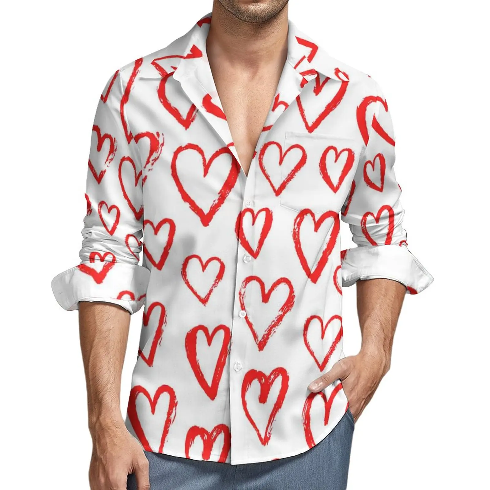 Red Heart Casual Shirts Men Graffiti Art Print Shirt Long Sleeve Vintage Y2K Blouses Autumn Pattern Top Plus Size 3XL 4XL