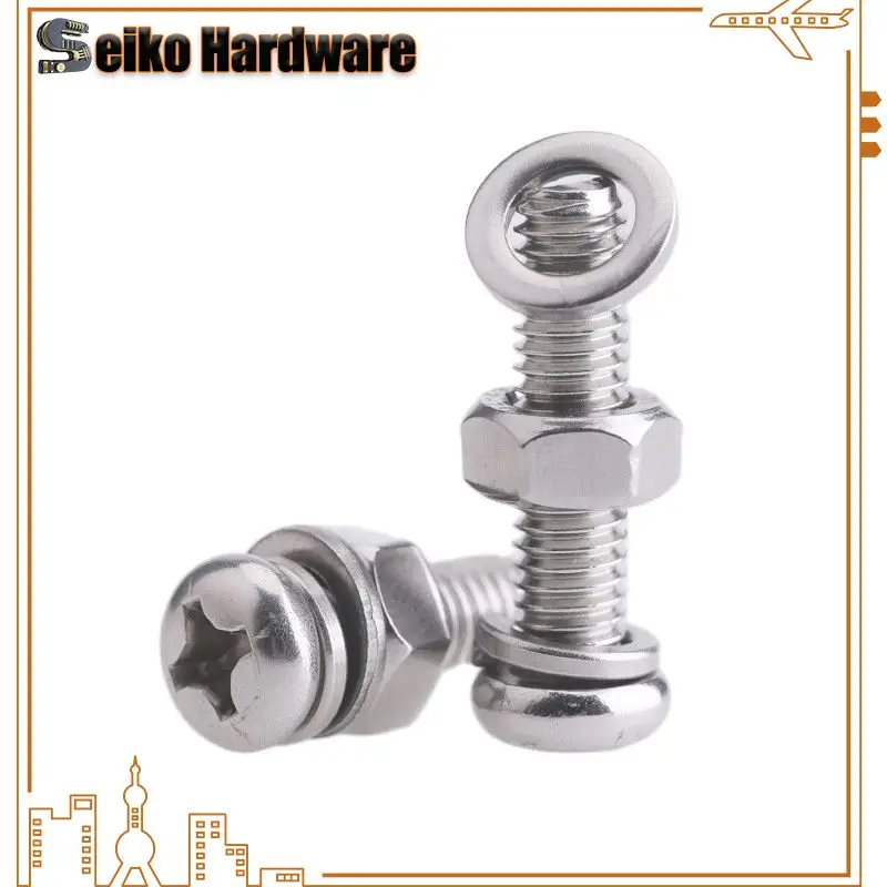 M2M2.5M3M4 Stainless Steel 304 Round Head Cross Screw Nut Gasket Set Complete Spring Pad Combination