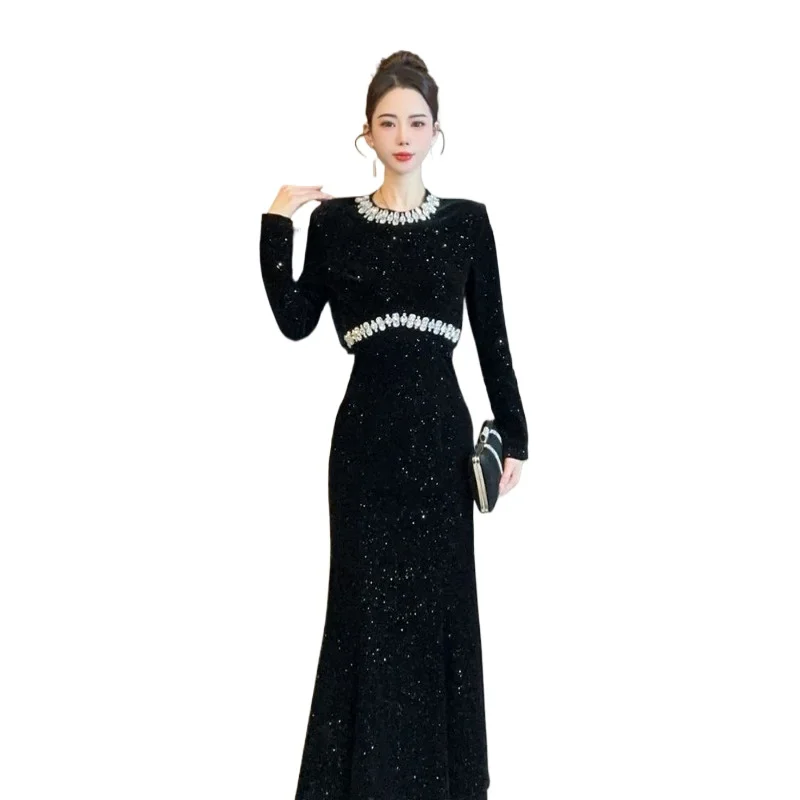 Black Dress Women's Autumn Heavy Industry Diamond-encrusted Banquet Dress Light Luxury and High-end Slimming Fishtail Long Dress