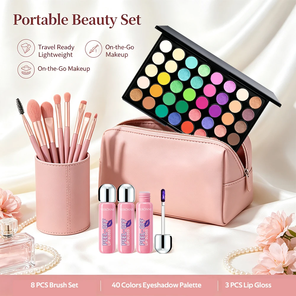 5pcs Makeup Kit 40 Colors Eyeshadow Palette + 3pcs Peel‑Off Lip Gloss with 8pcs Brushes,Matte Shimmer Eyeshadow Full Makeup Gift