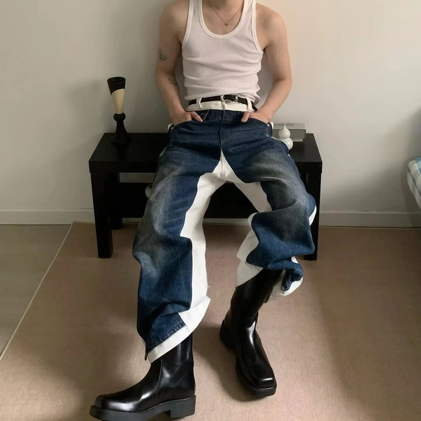 

Свободные мужские джинсы в американском стиле, расклешенные брюки с широкими штанинами, осень-зима, большие размеры 250, длина в пол