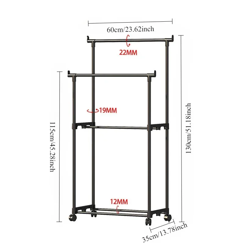 Multifunctional Movable Clothes Rack Double Rod Adjustable Hanger Lockable Wheels For Bedroom Shoe Hat Storage Organizer Shelves