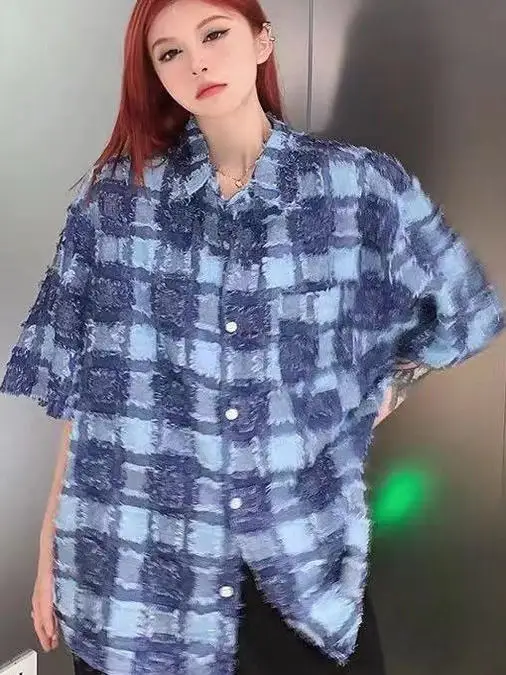 

Женская рубашка в клетку премиум-класса, лето 2025, свободный крой, рукав до локтя, в стиле Харадзюку, корейская версия, стандартной толщины, с коротким рукавом