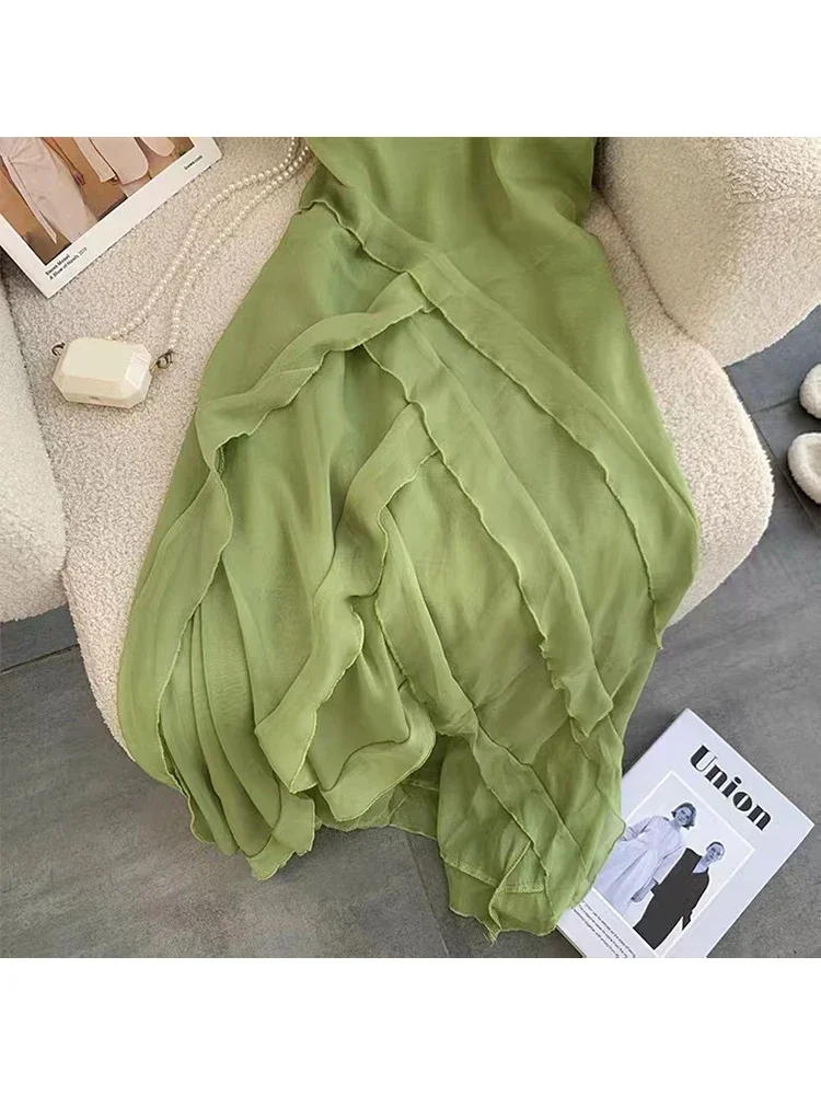 2023 Summer Women Sexy Backless V-Neck Green Suspender Dresses Spring French Elegant Party Princess Dresses Female Clothes