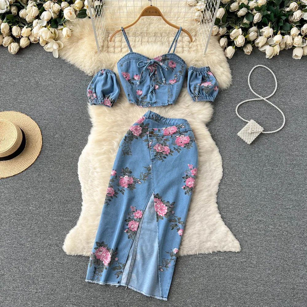 Amolapha Women Floral Print Denim Two Pieces Sets Off Shoulder Strapless Elastic Waist Camisole+ Split Maxi Skirt Jeans Suits