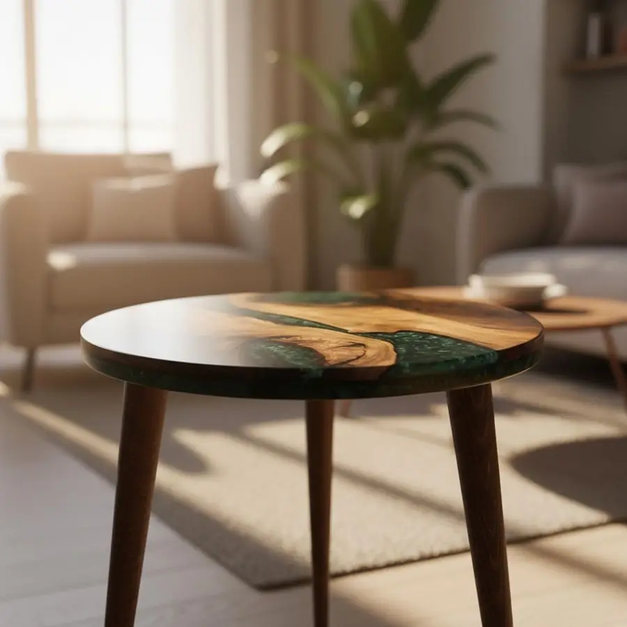 الراتنج الجوز طاولة جانبية مستديرة الايبوكسي نهاية الجدول طاولة القهوة منتصف القرن الحديثة الراتنج الجوز أثاث غرفة المعيشة اللون الأخضر