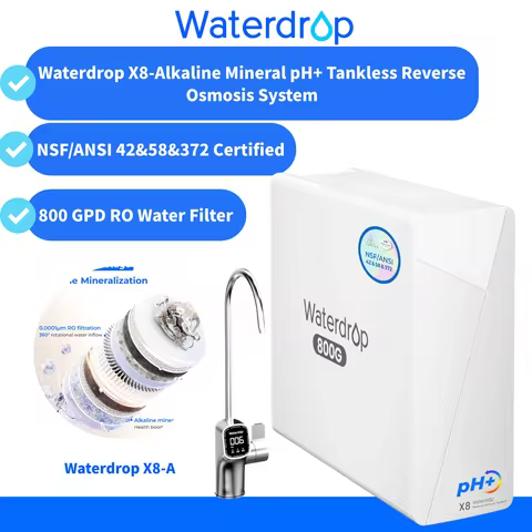 Waterdrop X8-Alkaline Mineral pH+ Tankless Reverse Osmosis System, NSF/ANSI 42&amp;58&amp;372 Certified, 800 GPD RO Water Filter