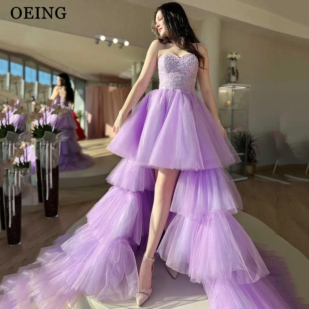 

OEING Sparkly Lavender Strapless Tulle Prom Dresses Princess Bow Lace Up Evening Gowns Short Front Long Back Party Dress Gentle