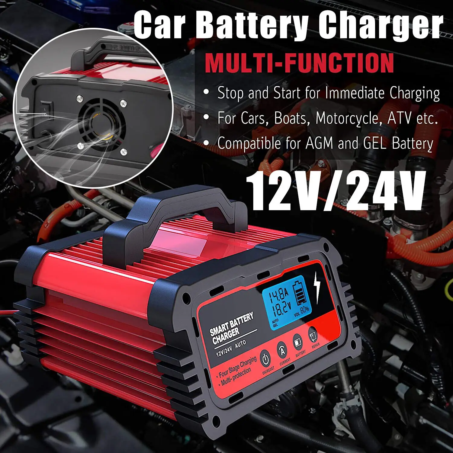 25/10/5A 12/24V Car Lead-Acid Battery Charger Fully Automatic Smart Charging AGM GEL Circulation Diagnostic Testing Pulse US Plu