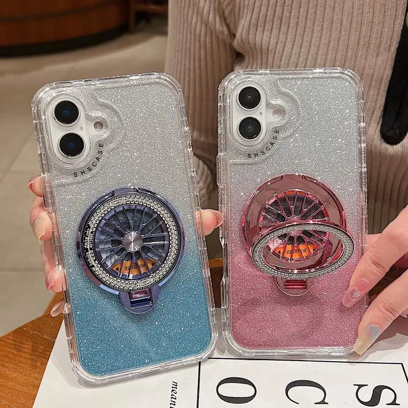 For iPhone 12 13 Mini 14 15 16 Plus 11 Pro XS Max X Gyroscope Magnetic Bracket Dreamy Glitter Shockproof Protective Phone Case