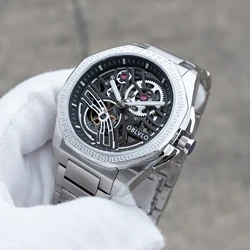 OBLVLO Mens Octagon Bezel Black Skeleton Dial Stainless Steel Automatic Watch Analog Waterproof Mechanical Watches CAM-AP-SK