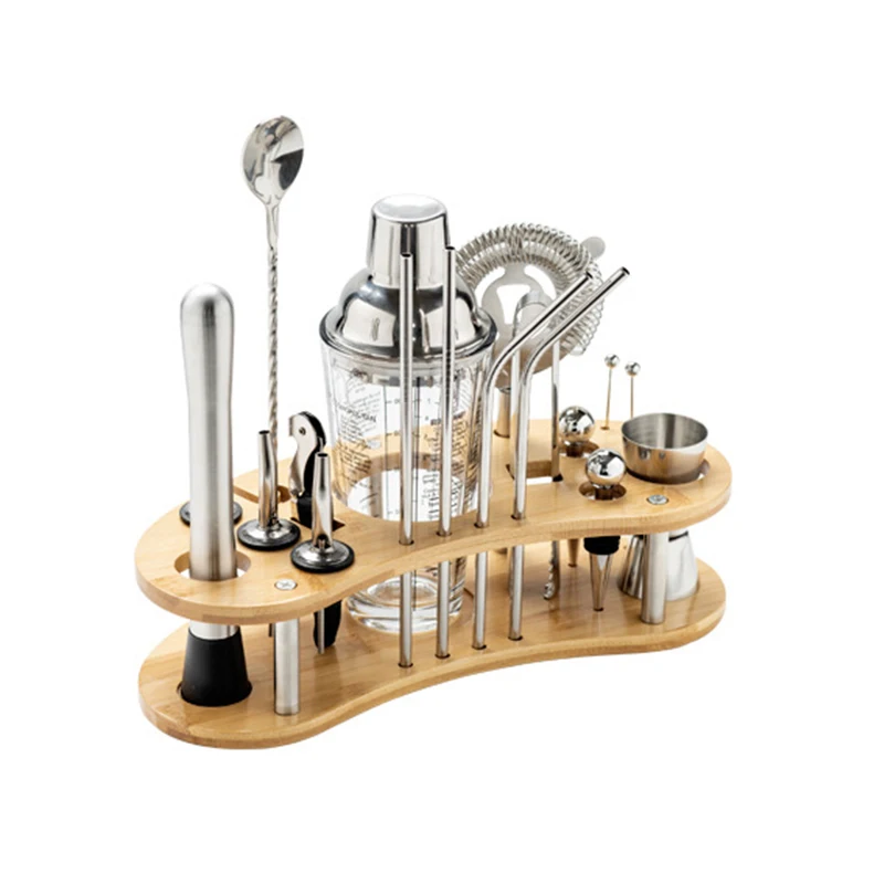 19/16 Pcs Bartender Set Shaker Cocktail Bartending Mixer Wine Tools Removable Bamboo Rack Stainless Steel Drink Party Bar Sets