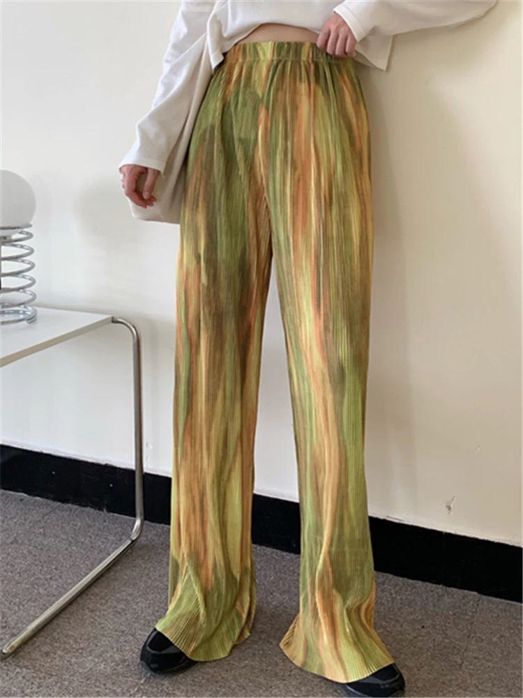 REALEFT 2022 New Summer Vintage Printed Women's Pleated Long Pants Elastic Waist Loose Bohemian Female Wide Leg Trouses Ladies