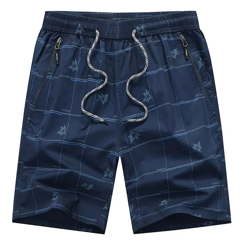 Pure Cotton Men Beach Casual Shorts Summer Elastic Waist Drawstring Zipper Pocket Print Fashion Loose Big Size Blue Sport Shorts