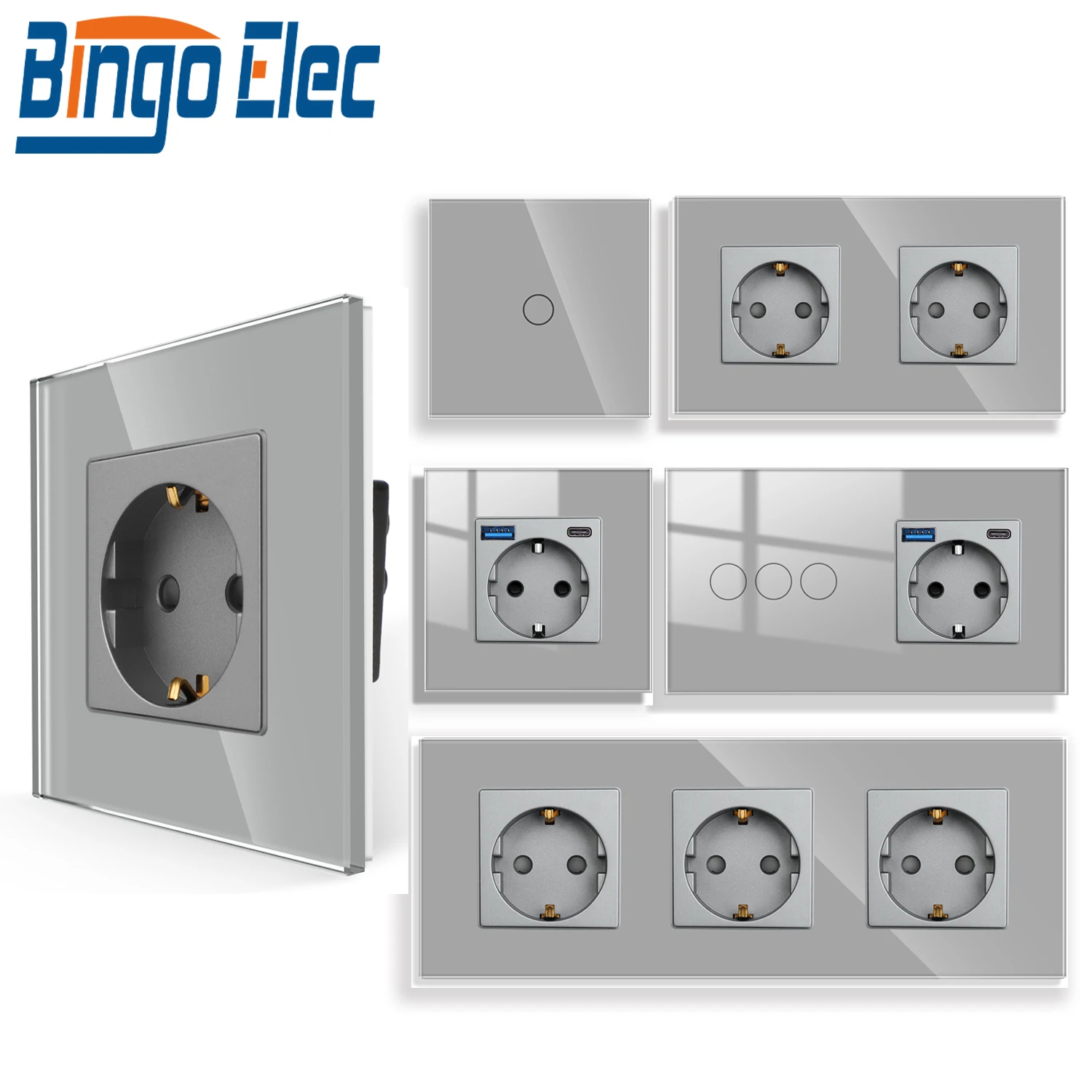 

BINGOELEC 1/2/3 Gang Touch Switch EU Type-c USB Sockets Neutral Wire Required Tempered Glass Panel Light Switch 220-240V 10A