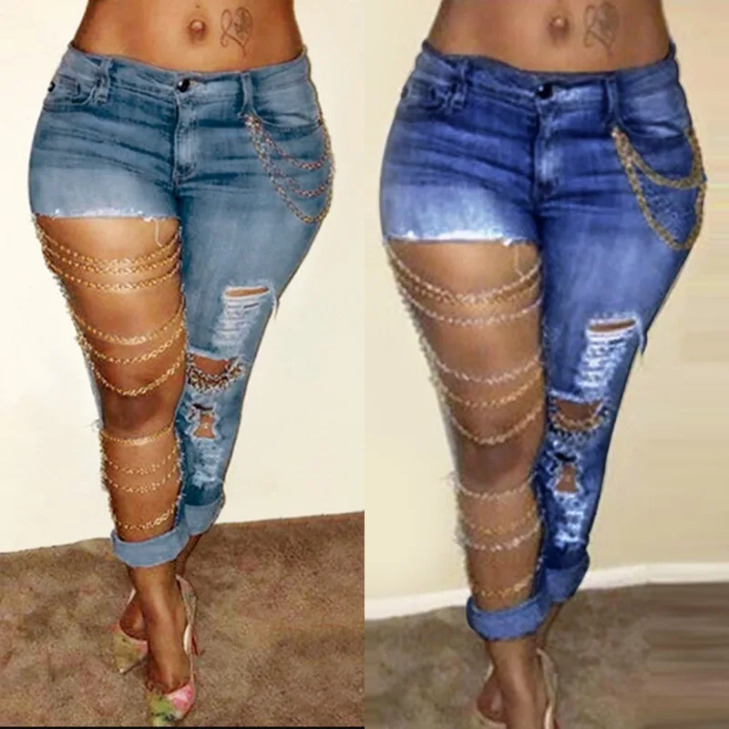 Women Jeans Pencil Pants Denim Sexy Big Holes Chain Washing Slim Pockets Streetwear Spring 2024 Slight Strech Solid Color