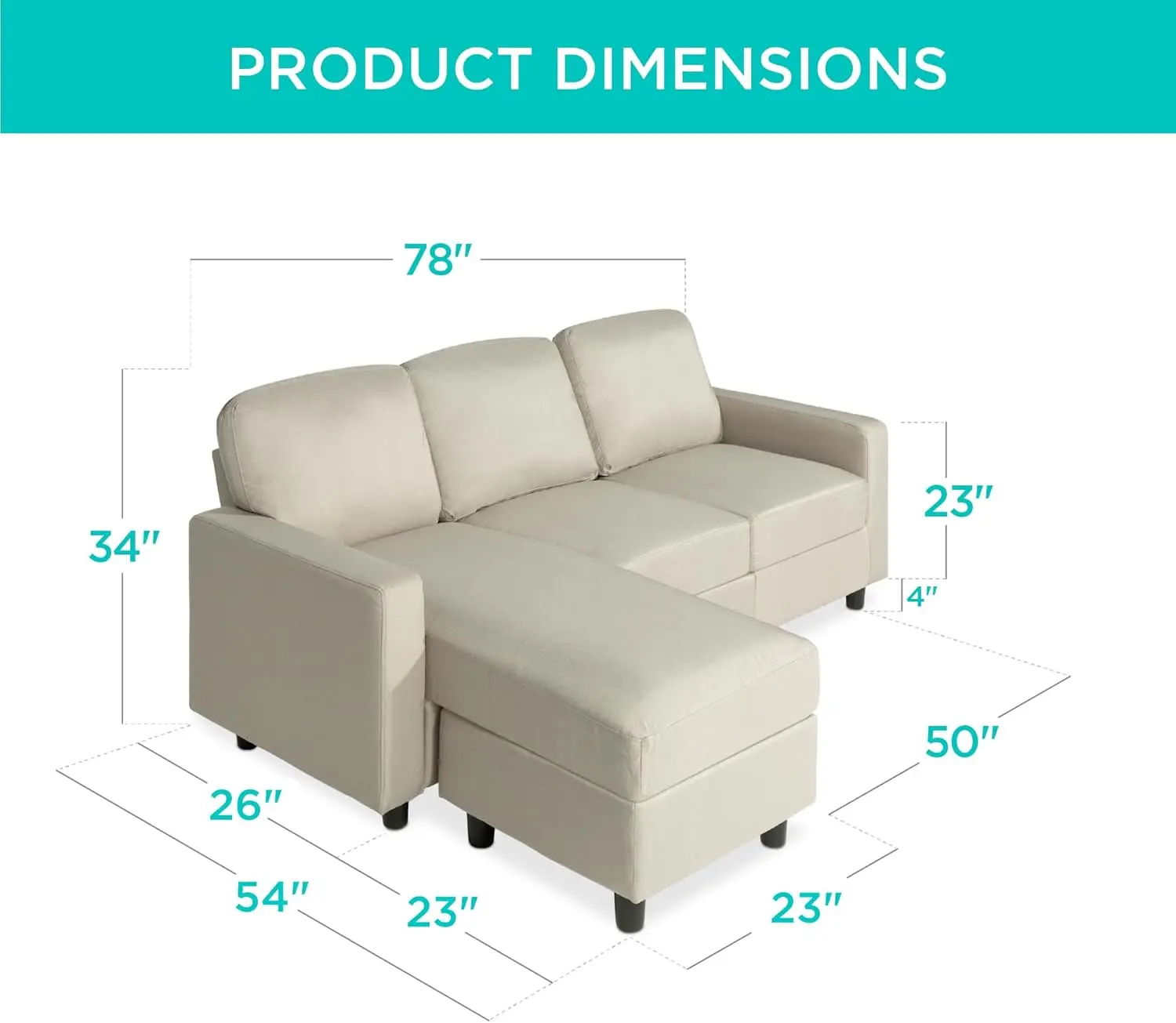 Upholstered Sectional Sofa for Home, Apartment, Dorm, Bonus Room, Compact Spaces w/Chaise Lounge, 3-Seat