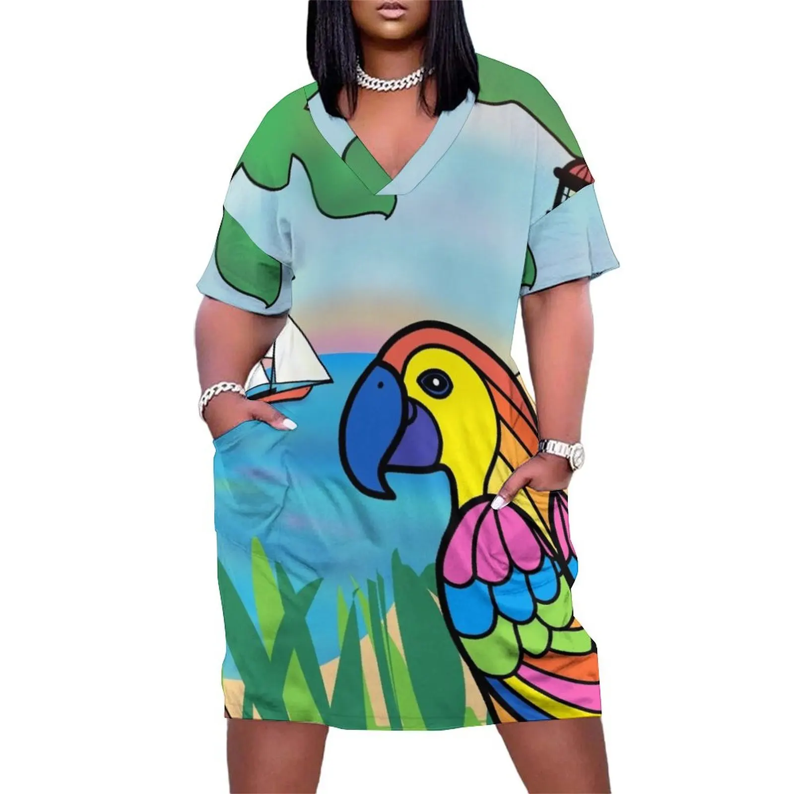 Parrot Cove - Camisa direita Vestido de bolso solto vestido de verão feminino 2025 roupas femininas