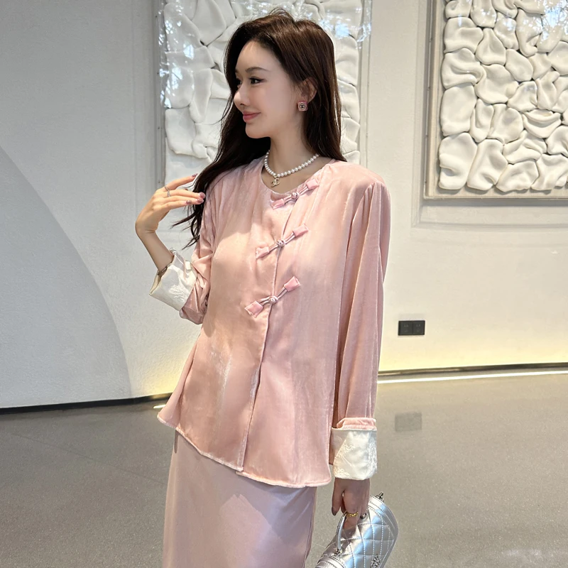 

Ele Silk Velvet Women's Jaet Loose Fit Tulip Pattern Traditional Chinese Sle Gentle Pink New Autumn Collection