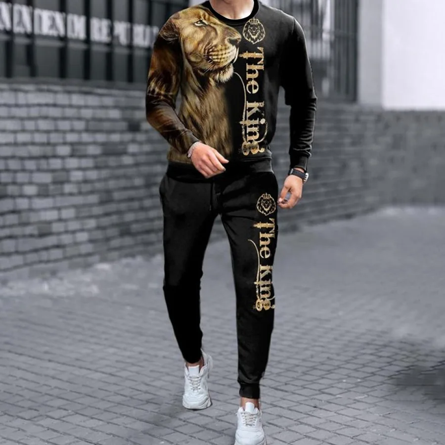 

Fashion Men Casual Sportwear for Male Jogging Streetwear Lion 3D Print Oversize Long Sleeve Toursers Set 2-piece Gym Outfit