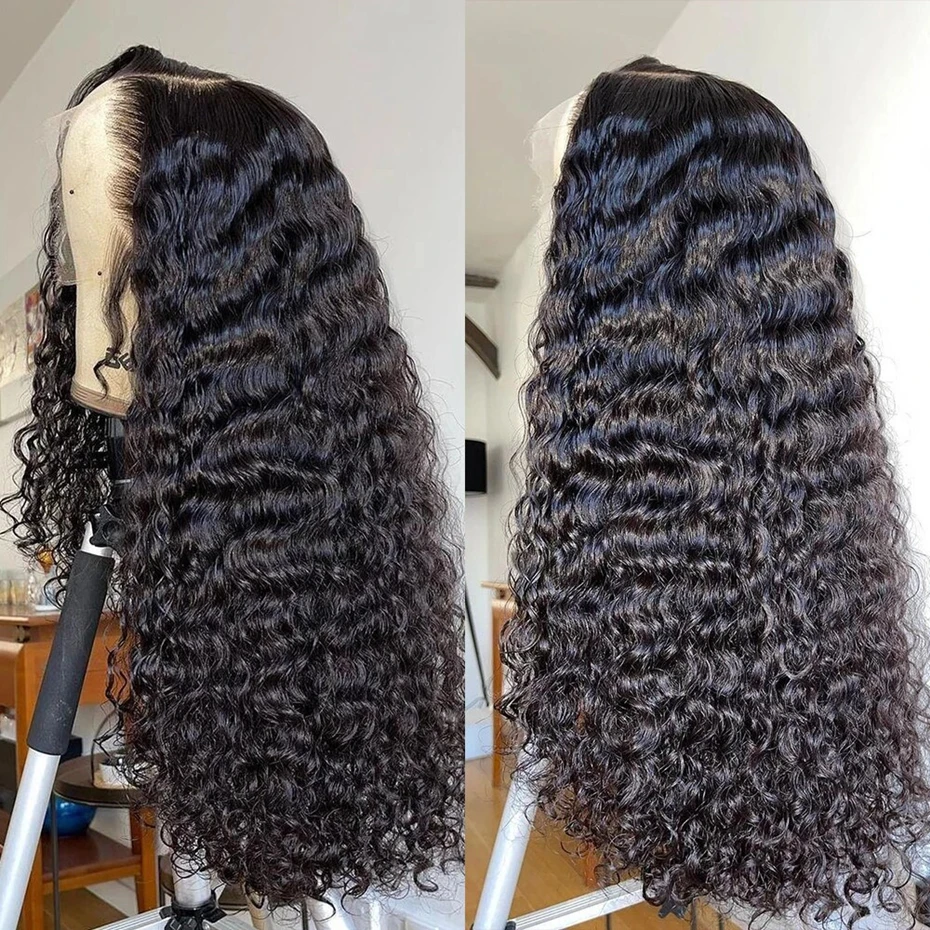 

13x4 Natural Black Water Wave 200% Density Brazilian Virgin Hair HD Transparent Lace wigs Frontal Curly Wigs Pre plucked Wigs