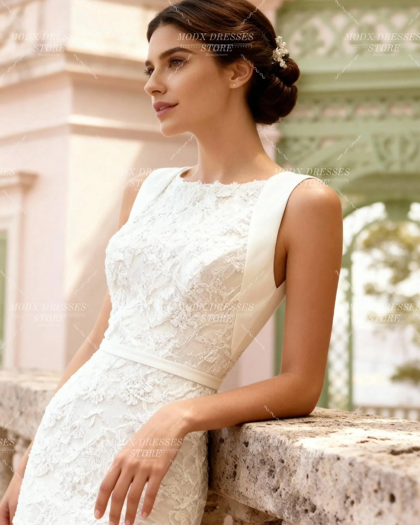 ชุดแต่งงานทรงเอไลน์คอโอประดับลูกไม้ ดีไซน์หรูหรา แขนกุด ยาวกรอมพื้น  สามารถสั่งตัดได้  ชุดเจ้าสาวสำหรับผู้หญิง