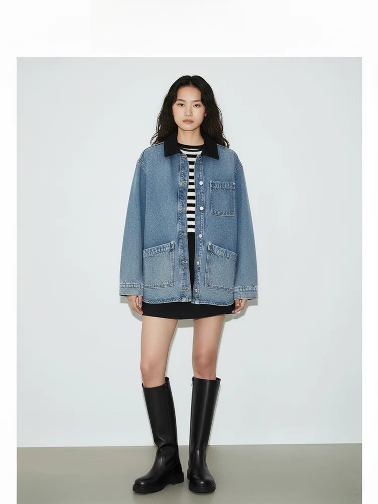 

Повседневное вельветовое свободное джинсовое пальто с открытыми плечами, большими нашивками и контрастным воротником, длинное, для женщин, осень 2025