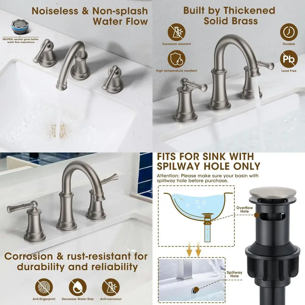 

360° Swivel Spout, 2-Handle, 3-Hole Widespread Faucet with Drain and Supply Lines, Antique Brushed Nickel Style