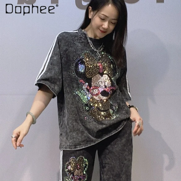 

Футболка с круглым вырезом и коротким рукавом, брюки с широкими штанинами на эластичной талии, женский летний комплект с эффектом тай-дай и стразами