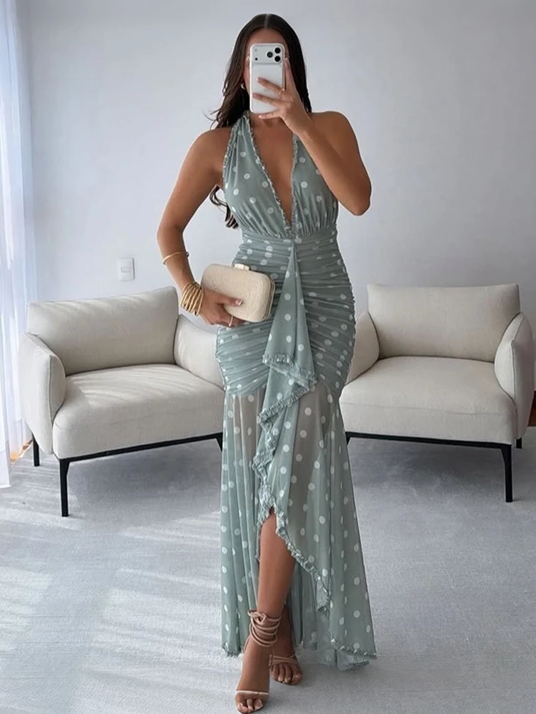 Women Elegant Pleated Halter Neck Long Dress Deep V Neck Backless Low Waist Ruched Ruffle Hem Bodycon Ladies Summer Dress