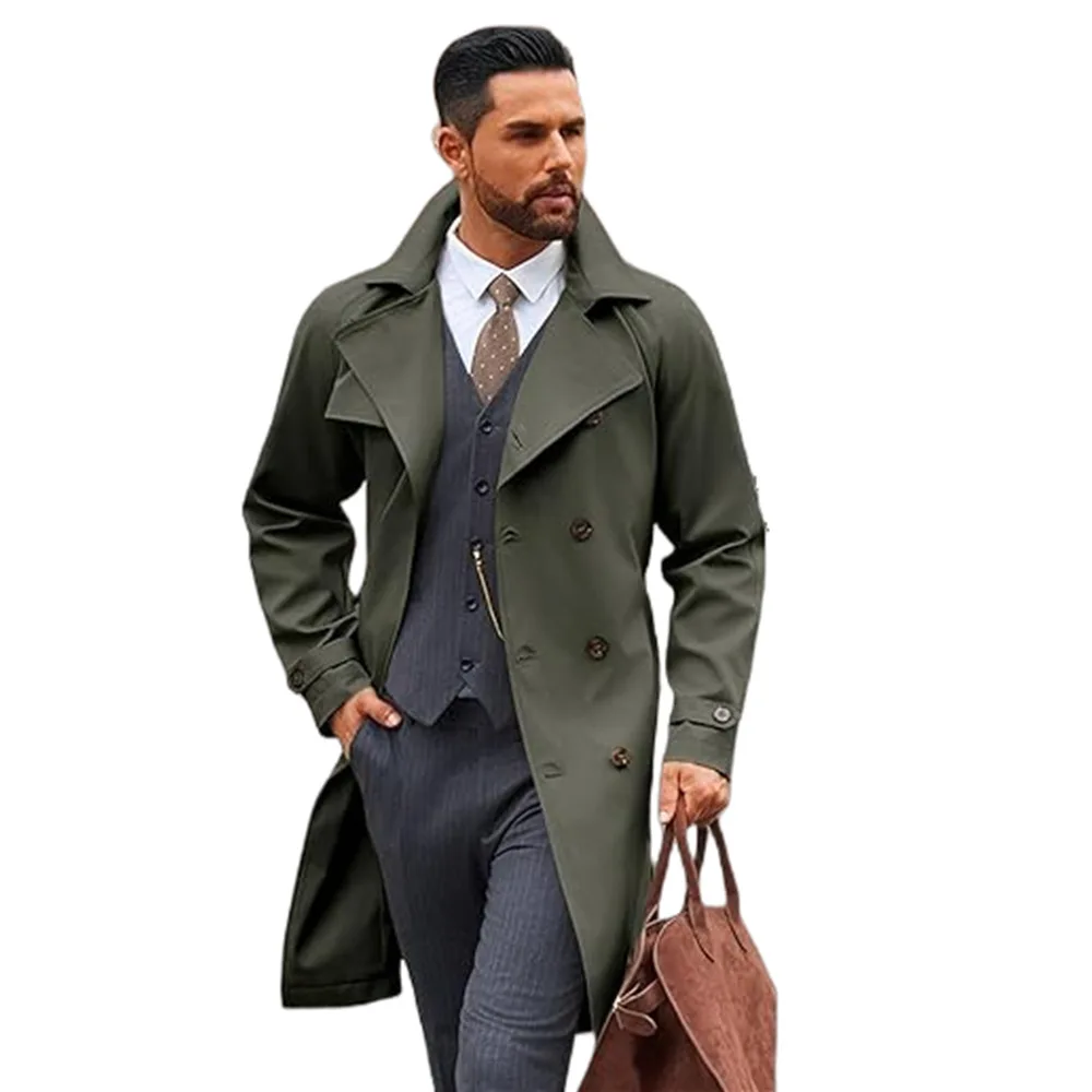 Trench Coat Men Double Breasted Classic Lapel Mid Length Overcoat Full Sleeve Y2k Streetwear Solid Casual Jacket Autumn Winter