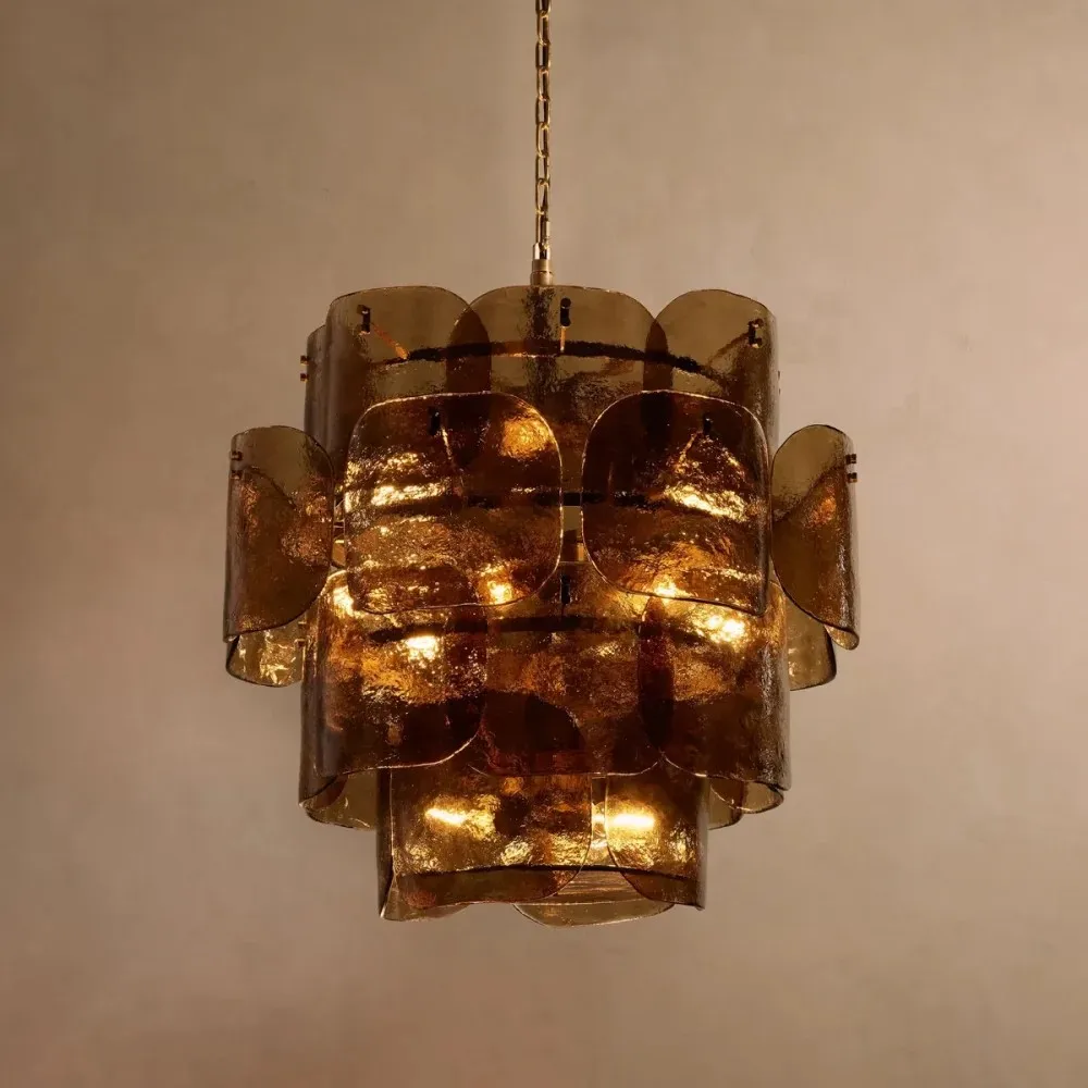 Modern Nordic 2026 Designer Chandelier Layered Frosted Glass Panels Brass Rivet Pendant Lamp for Living Room Dining Decor