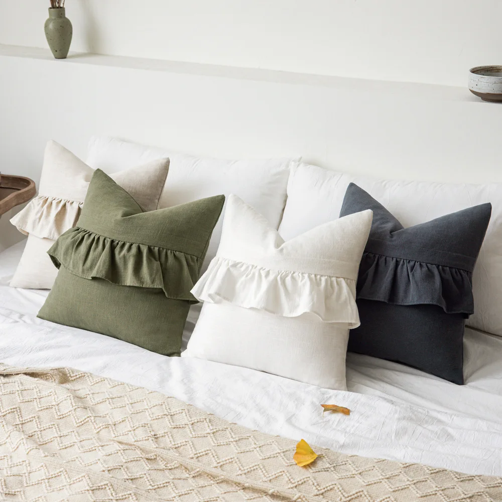 Linen Skirt Edge Patchwork Pillow Japanese Decorative Linen Cushion Cover Accent Lumbar Pillowcase For Sofa Bedroom Living Room