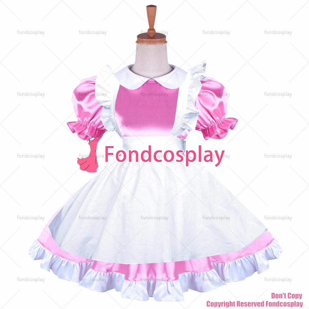 

fondcosplay adult sexy cross dressing sissy maid lockable pink satin dress white apron Peter Pan collar CD/TV[G1645]