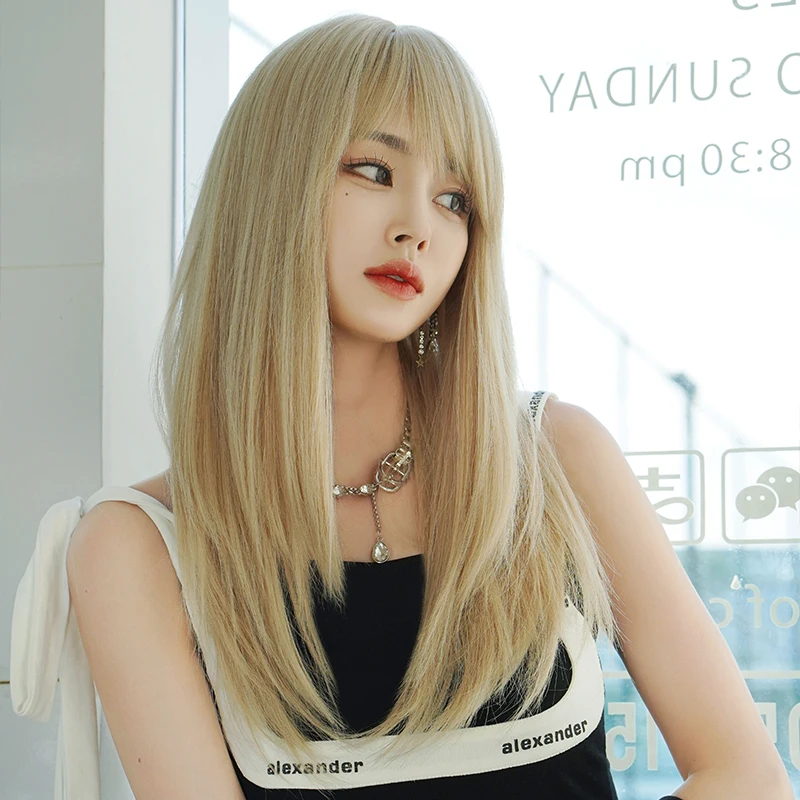 7JHH WIGS Long Straight Blonde Wig for Women Daily High Density Synthetic Layered Hair Wigs with Curtain Bangs Heat Resistant