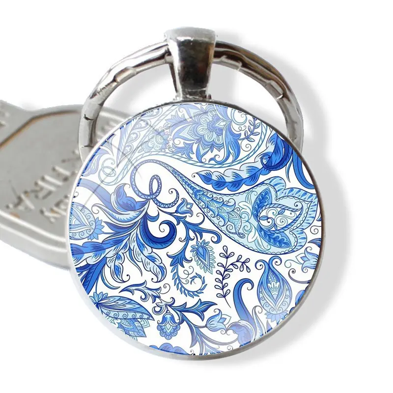 Blue and white Porcelain Flowers Keychain Handmade Glass Cabochon Key Ring Holder Pendant Key Chains