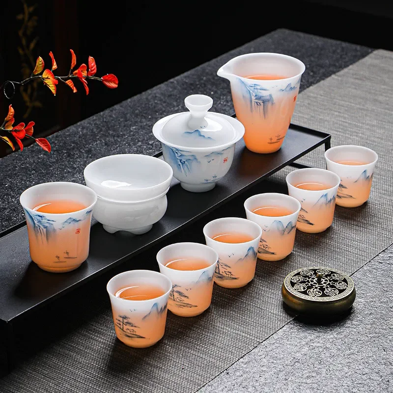 Premium White Porcelain Kung Fu Tea Set Elegant Qingshan Yundehua Style Teaware for Home Office Use Luxury Gift Box Included