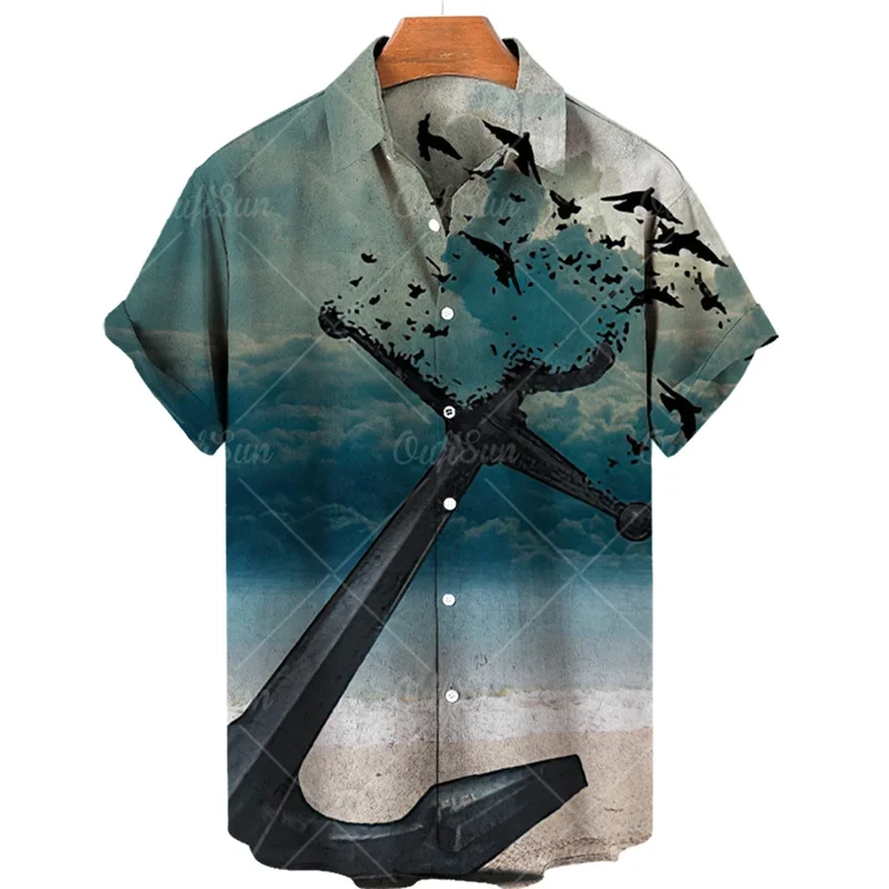 Sailing compass short sleeve Hawaiian shirts for men summer fashion vintage street shirt men clothing male top 2024