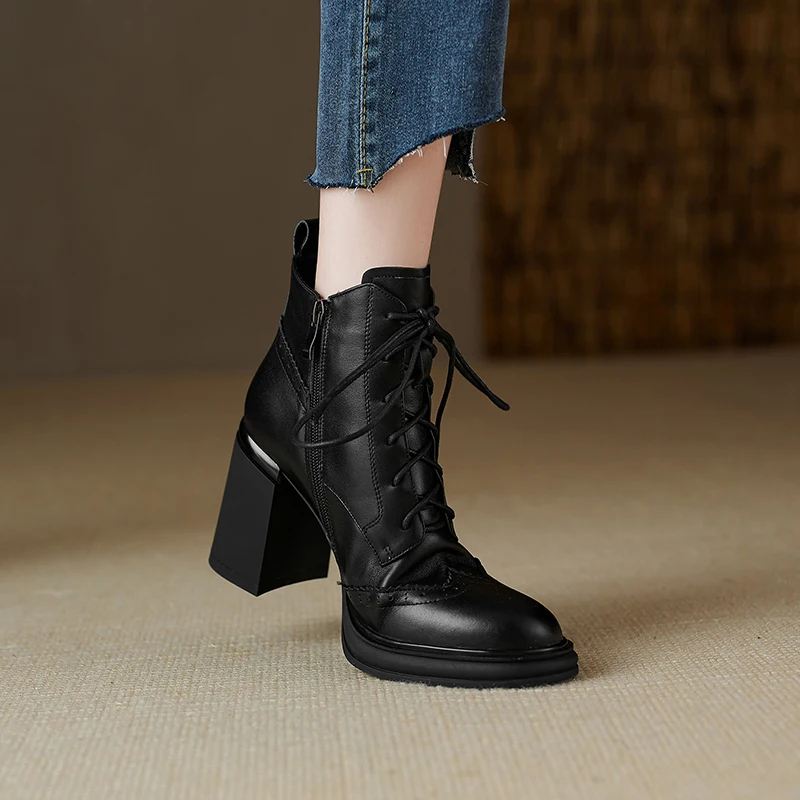 2024 New Women Genuine Leather Lace-up Ankle Boots Thick High Heels Motorcycle Boots Round Toe Warm Autumn Winter Shoes Woman