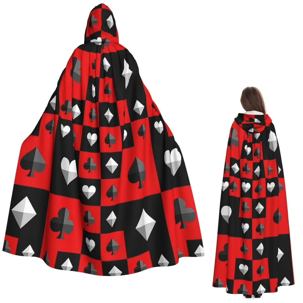 

Playing Card Ace Of Spades And Hearts Print Long Hooded Cloak Witch Medieval Costume Cosplay Cape HalloweenVampire Adult Unisex