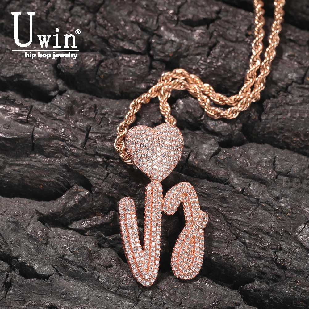 

Uwin CZ Letter Pendant Name Necklace With Heart Clasp Double Layers Cursive Iced Out Hiphop Jewelry Best Gift