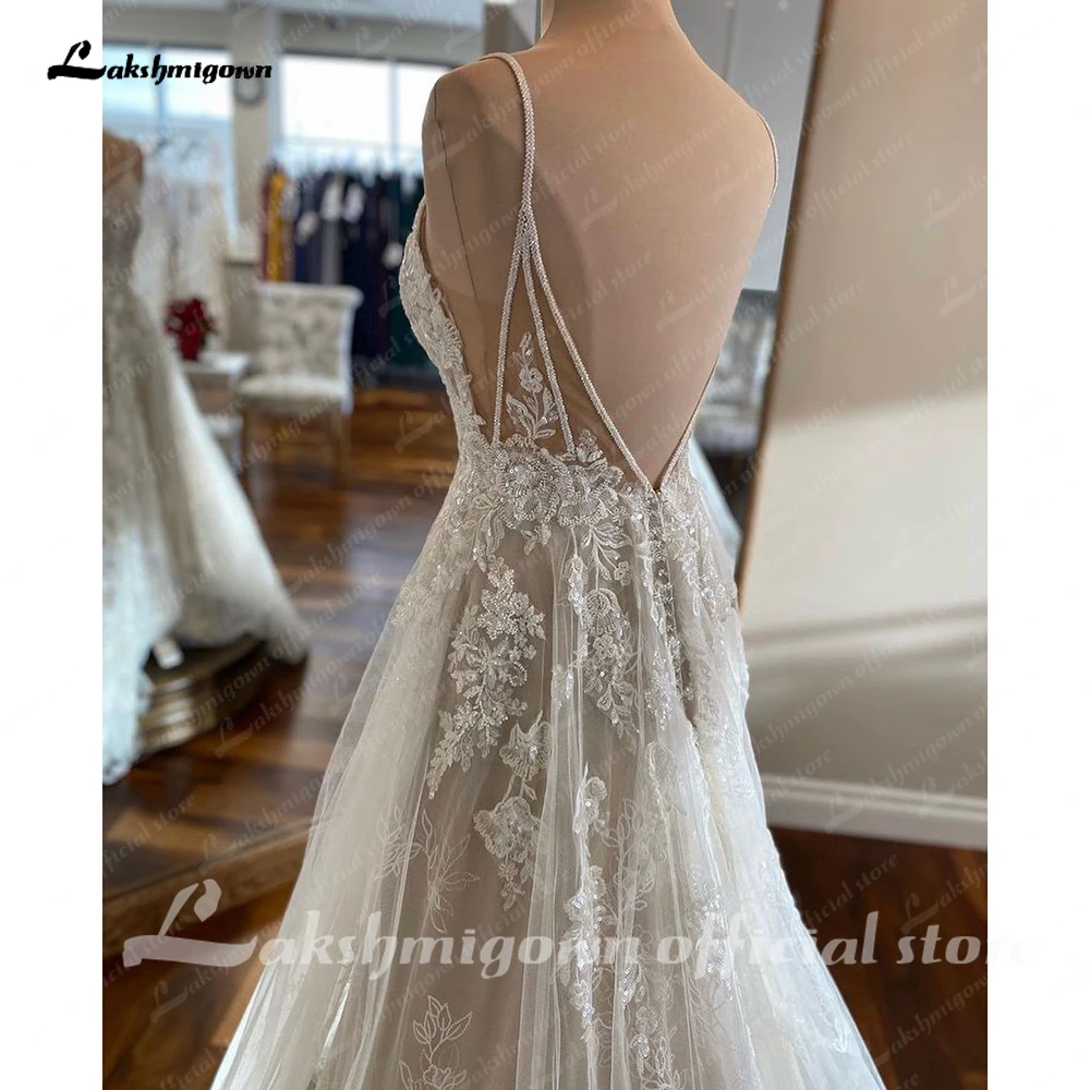 Lakshmigown Spaghettiträger A-Linie Luxus-Hochzeitskleider für die Braut mit Perlenapplikationen und Schleppe Brautkleider Robe de Mariee – Detail 7